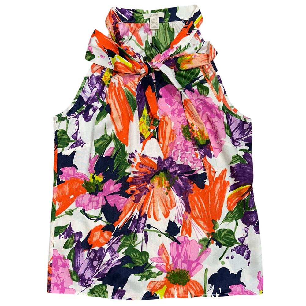 JCrew Silk Garden Floral Bow Tie Neck Sleeveless Top Size 0